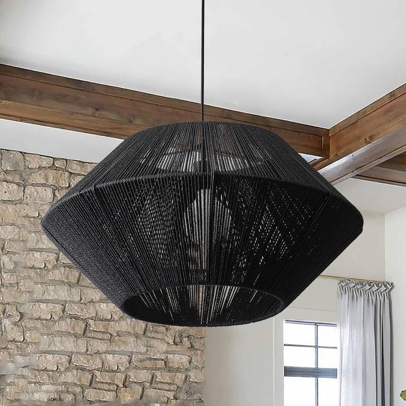 Modern Matte Black Paper Rope Craft Pendant Light Hand-Woven Cage Shade Hanging Lamp
