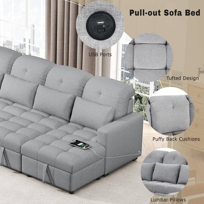110.2" Modern U-shaped Sectional Pull-out Sofa with Storage Chaise and USB Ports