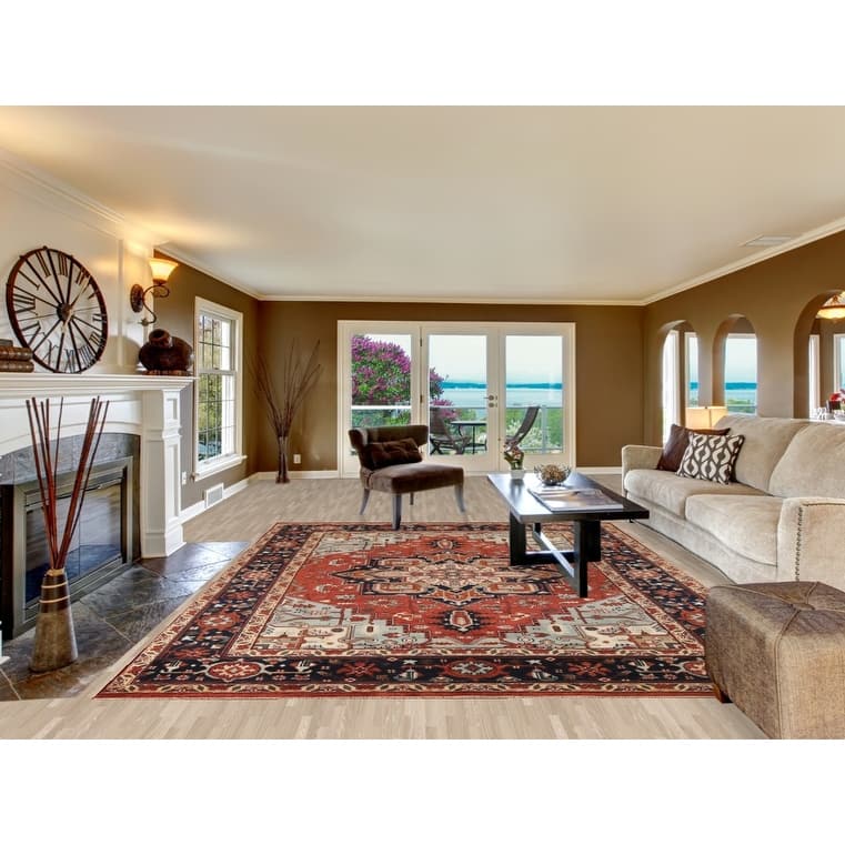 Geometric Heriz Serapi Indian Area Rug Handmade Orange Wool Carpet - 8'11"x 11'9"