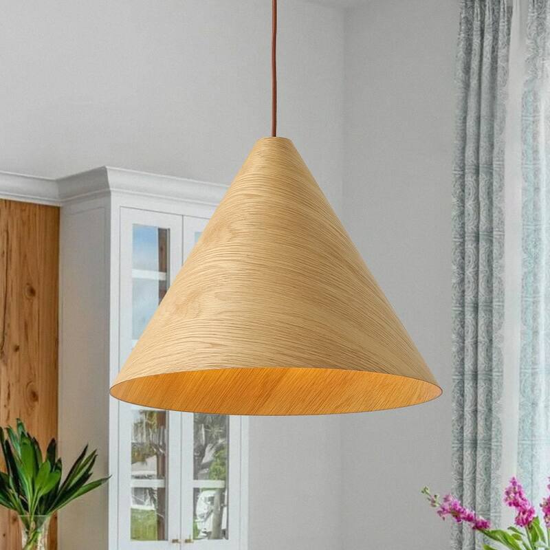 Modern Natural 1-Light Cone-Shaped Wood Grain Pendant - 17.7in - Oak 