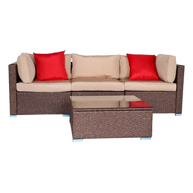 Outdoor 4-Piece Wicker Sectional Sofa Patio Conversation Set - Wood Grain