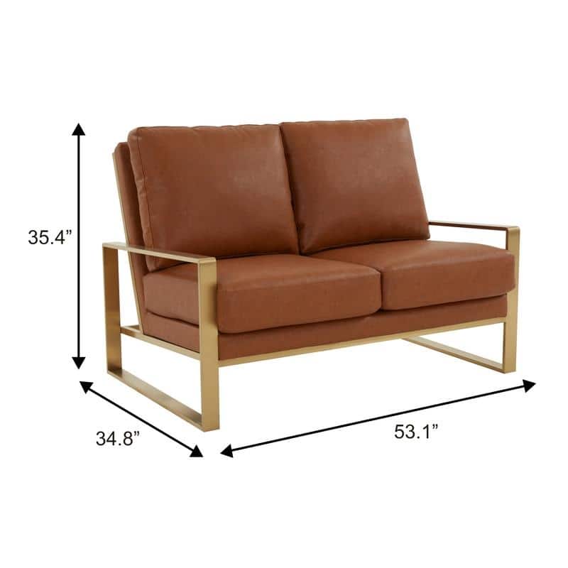 Jefferson Modern Leather Loveseat Gold with Gold Metal Base, Cushion Seating, Pocket Springs, and Protective Floor Pads - 53.1