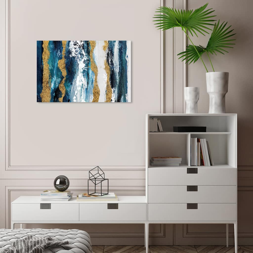 Wynwood Studio Canvas Abstract Bridgerton Wave Blue and Metallic Gold Modern & Contemporary Wall Art Canvas Print