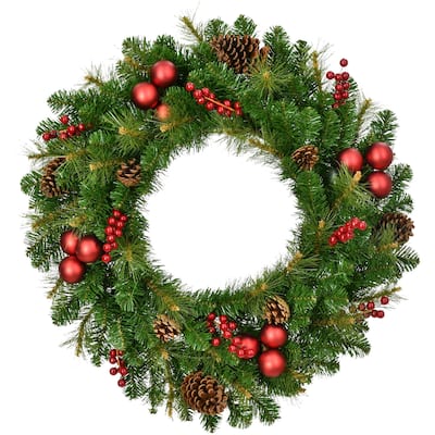 Fraser Hill Farm 30-In. Joyful Wreath Door or Wall Hanging with Pinecones, Berries, and Ornaments - 2.5 Foot