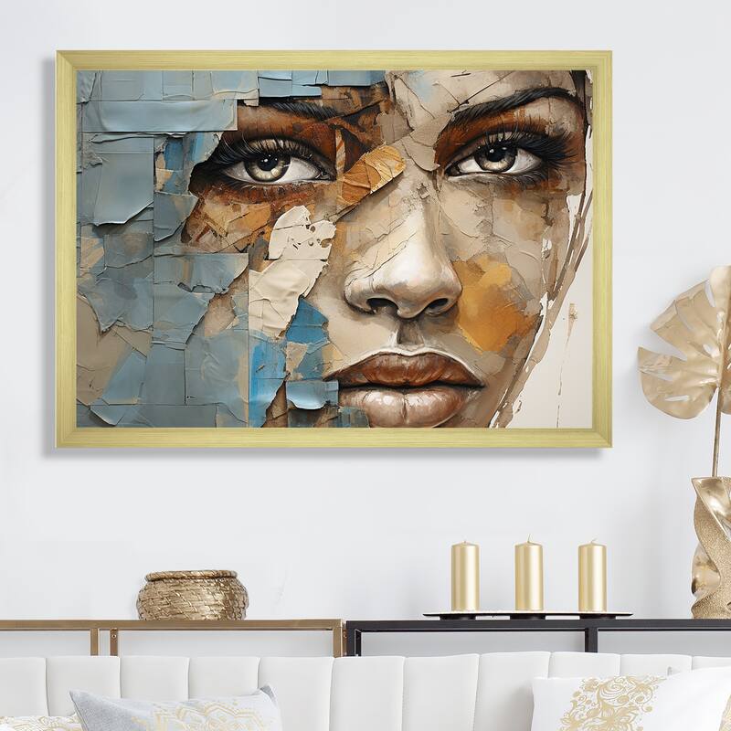 Designart "Paint Collage African Woman I" African American Art Framed Wall Art Prints - 44 in. wide x 34 in. high - Gold