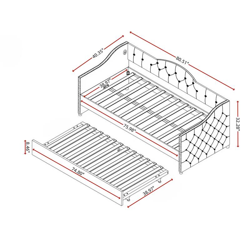Twin Size Upholstered Daybed with Trundle and USB Charging Design, Sturdy Wood Slat Support, Wood Bed Frame,Plush Velvet Fabric