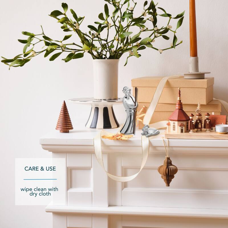 Nambe Miniature Nativity Figurines Shepherd and Lamb - Shepherd: 2” W x 4.5” H Lamb: 2” L x 1” H