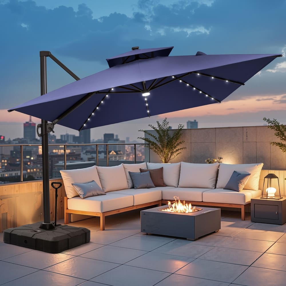 10 X 13 FT Outdoor Patio Cantilever Umbrella with Solar Lights Rod Wheel Base Double Canopy 360 Rotation Tilt