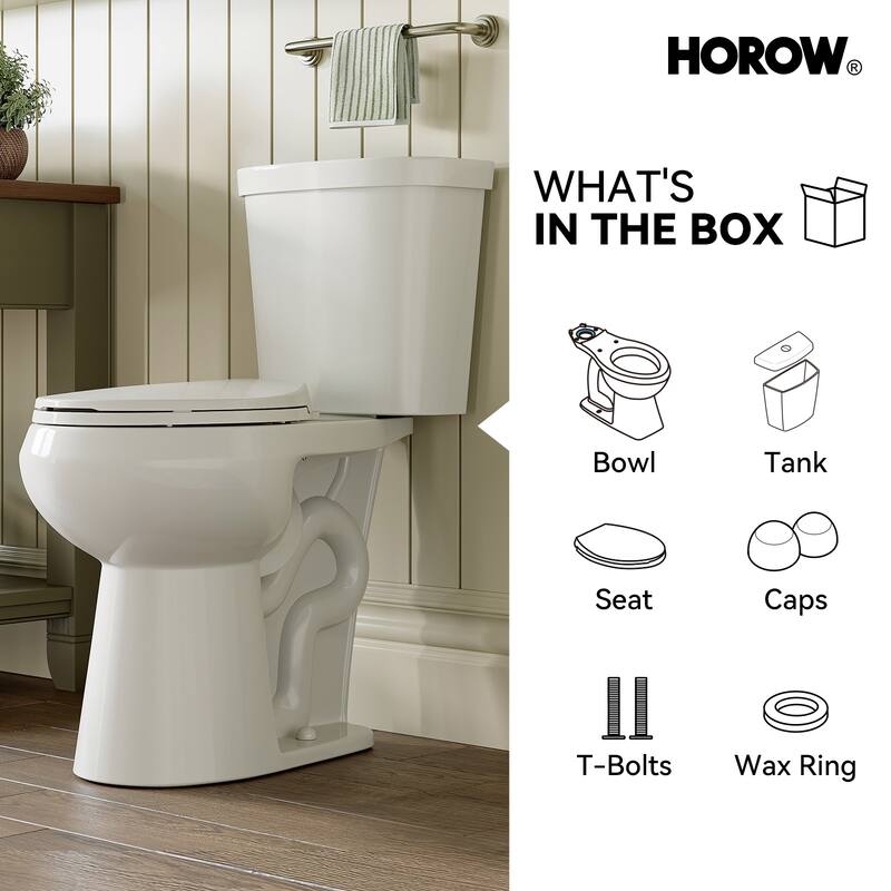 HOROW 19 Inch ADA Tall 2 Piece High Efficiency Dual Flush Round Toilet White 1.1 /1.6 GPF Strong Flush Seat Included