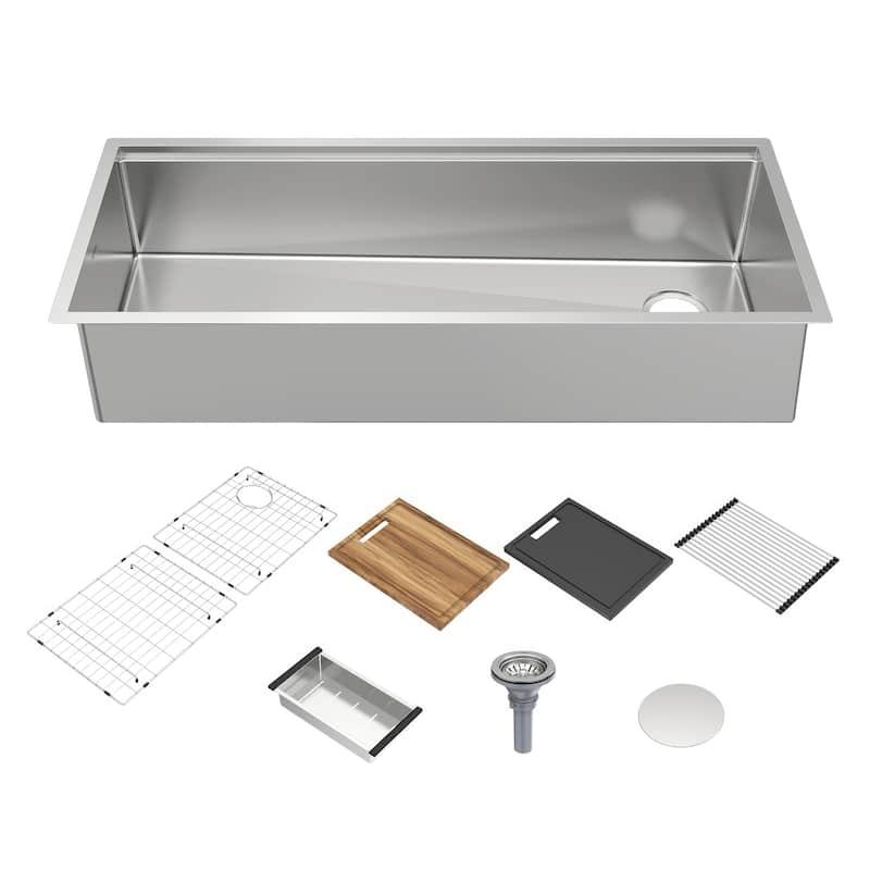 Whitehaus Undermount Single Bowl 16 Gauge Brushed Stainless Steel Workstation Sink With Accessories - 45 x 19