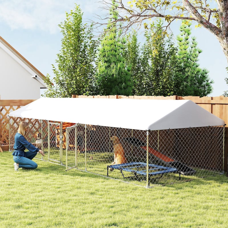 Large Outdoor Dog Kennel with Two-Room Design and Galvanized Steel Frame Waterproof Canopy