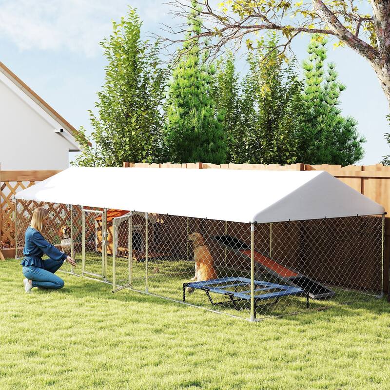 PawHut Two Room Outdoor Dog Kennel with Roof, Waterproof UV-Resistant Cover, Secure Lock,for Small to Large Breeds
