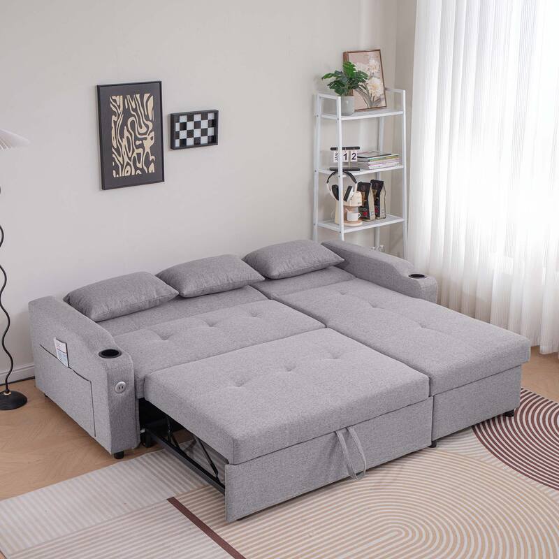 84" 3 in 1 Linen Sleeper with USB Ports and Cup Holders
