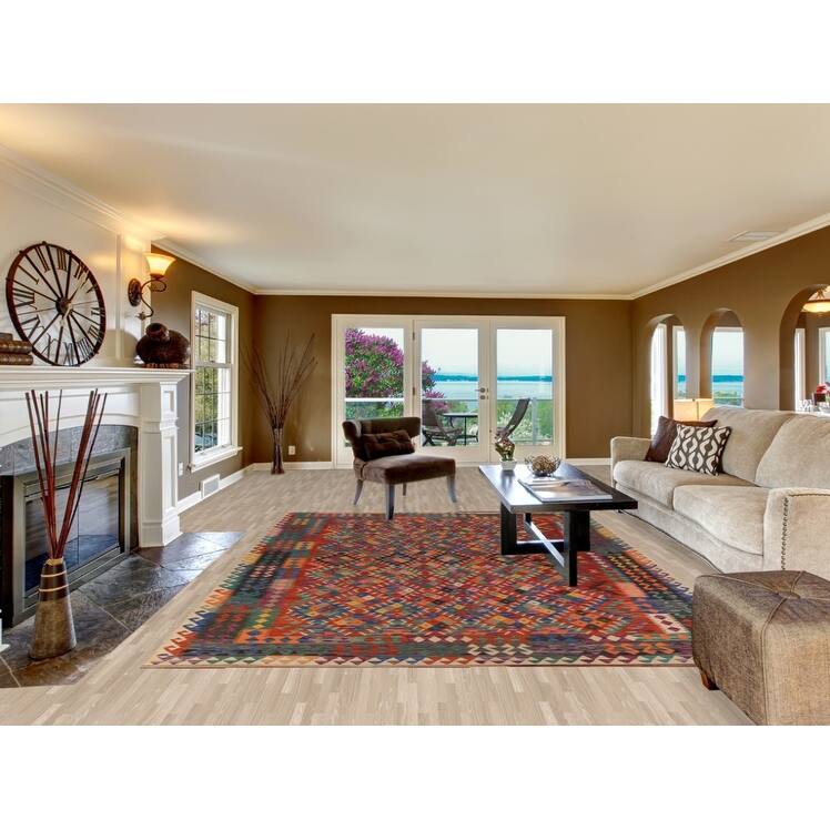 Geometric Kilim Reversible Area Rug Flatweave Multi-Color Wool Carpet - 8'2"x 11'4"