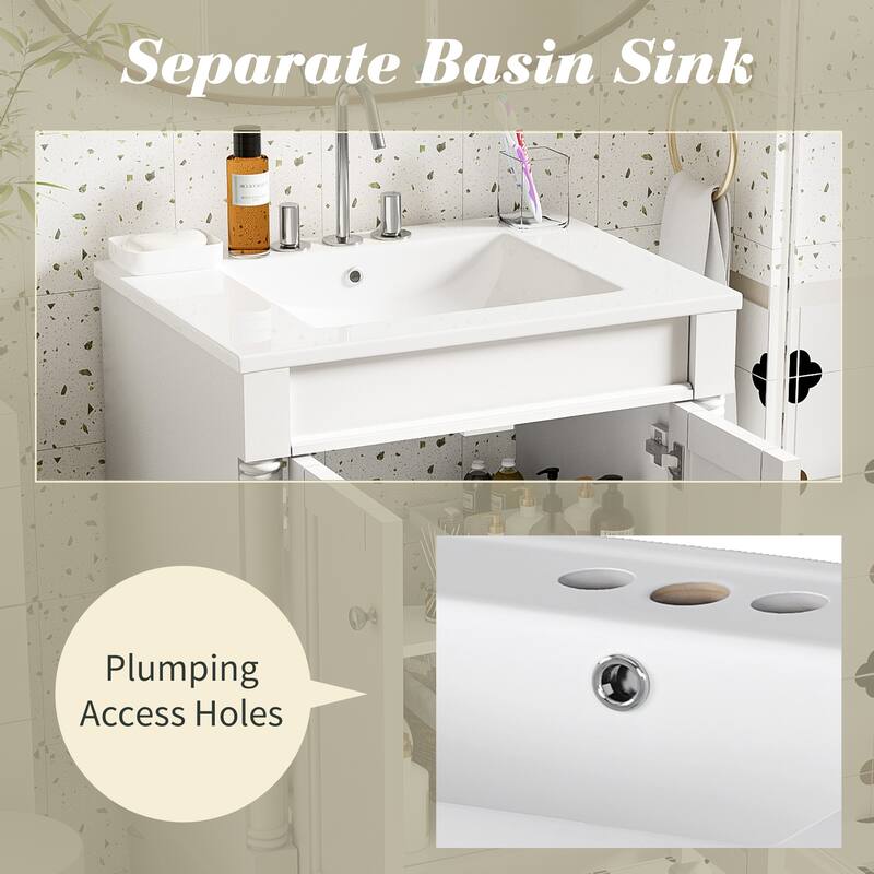 24 Inch Bathroom Vanity with Ceramic Top Sink, Freestanding Single Sink Vanity with Storage Shelves, Modern Style