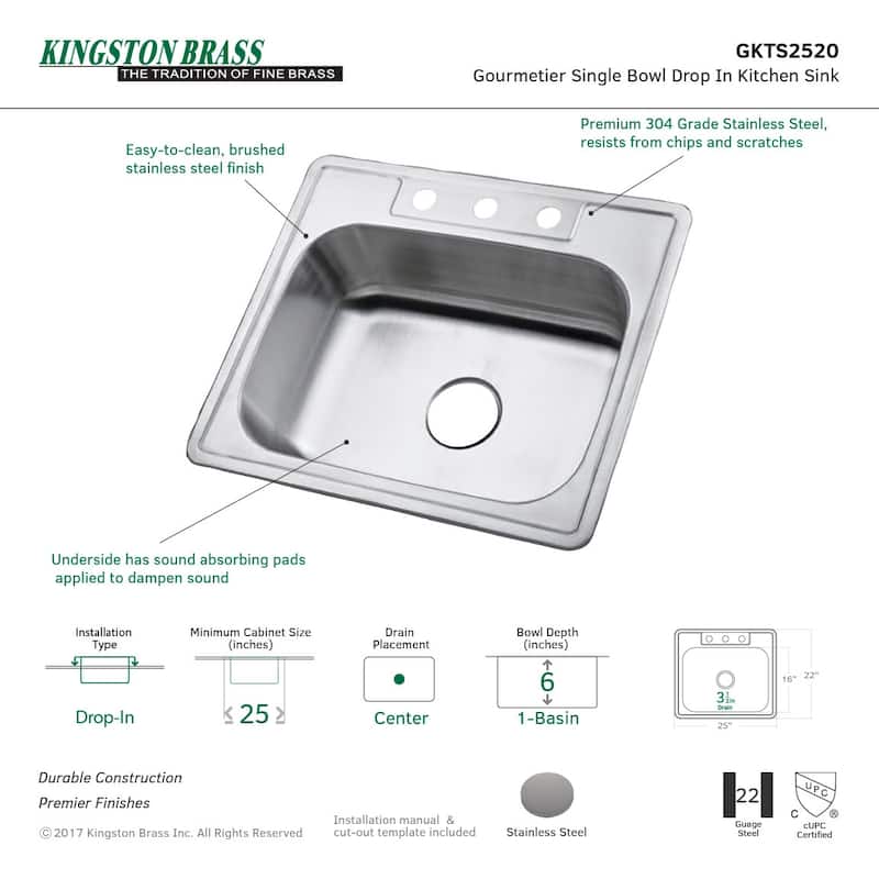 Kingston Brass 25" Drop In 22 Gauge Single Basin Stainless Steel