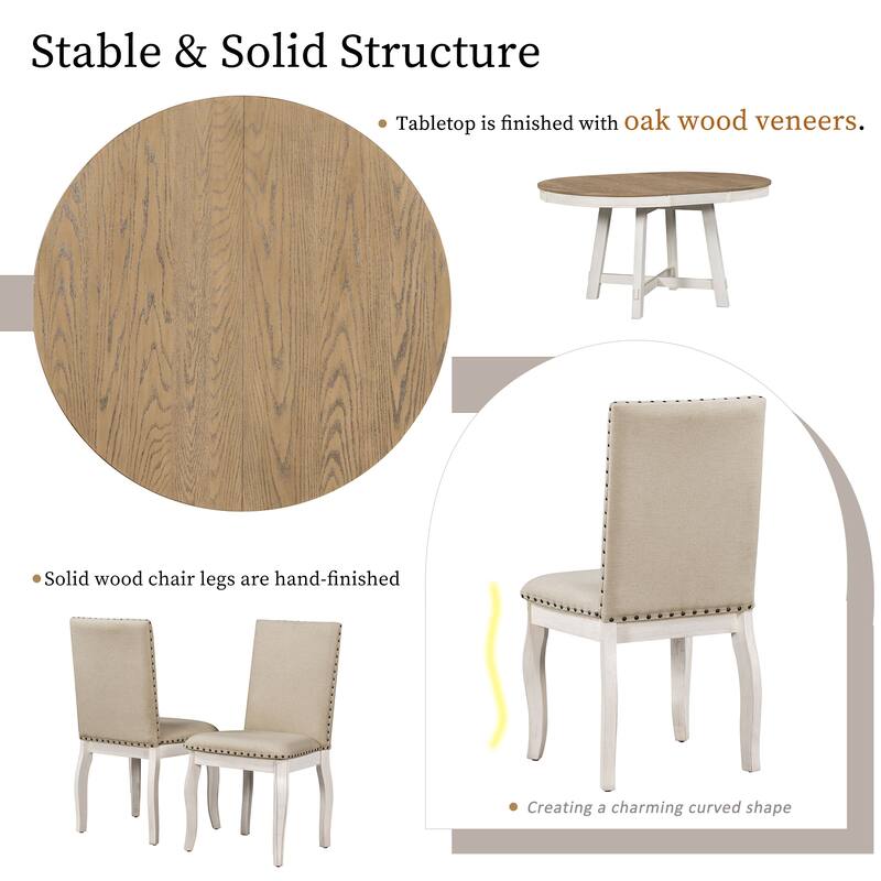 Modern 5-Piece Wooden Dining Table Set with Extendable Round Table & 4 Chairs