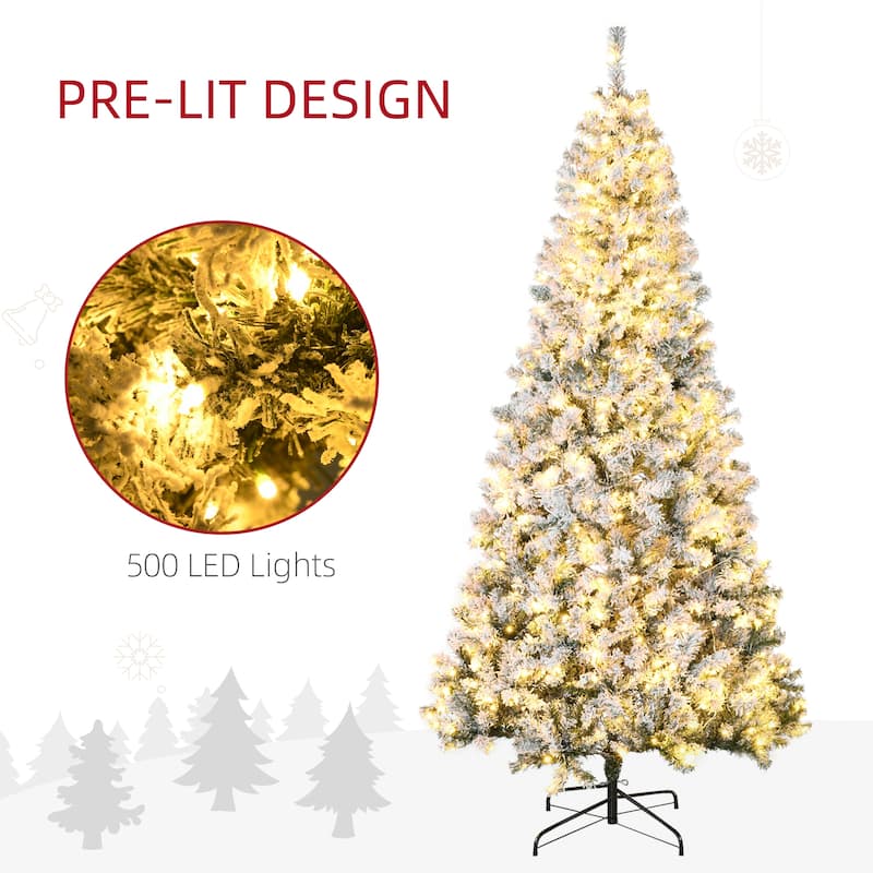 HOMCOM 7.5ft Tall Prelit Artificial Christmas Tree Holiday Décor with 1188 Snow Flocked Branches, 500 Warm White LED Lights