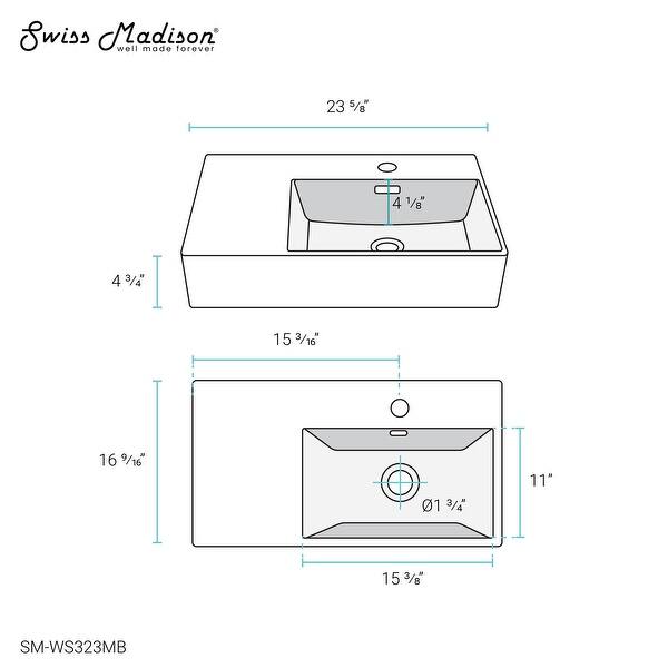 dimension image slide 1 of 2, Swiss Madison St. Tropez Ceramic Wall Hung Sink with Right Side Faucet Mount - 24"x18"