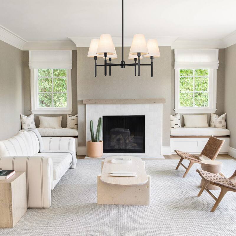 Farmhouse Wheel Chandelier Mid-century Pendant Fixture with Fabric Shades for Interior Lighting