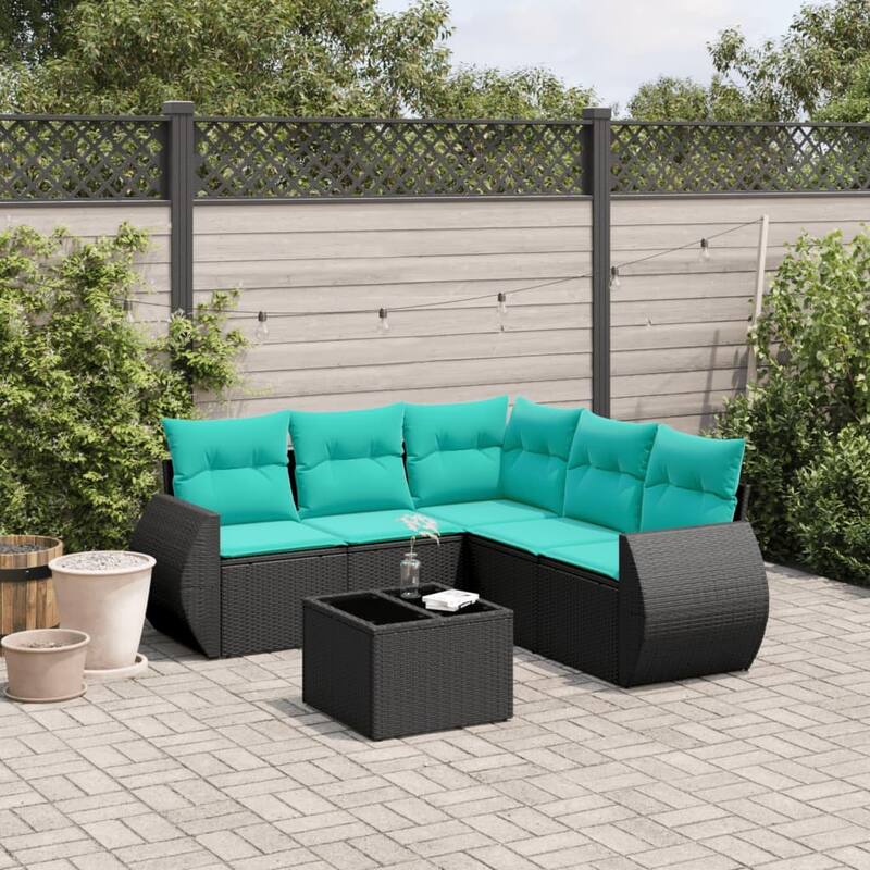 vidaXL Patio Sofa Set with Cushions Outdoor Conversation Furniture Poly Rattan - 24.4 x 24.4 x 27.2 - Black and Blue-With table