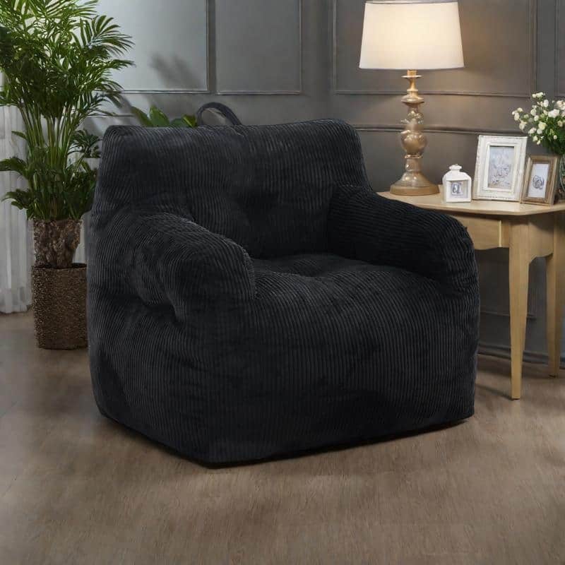 Oversized Corduroy Bean Bag Lounge Chairs with Memory Foam and Ergonomic Armrest Design - Black