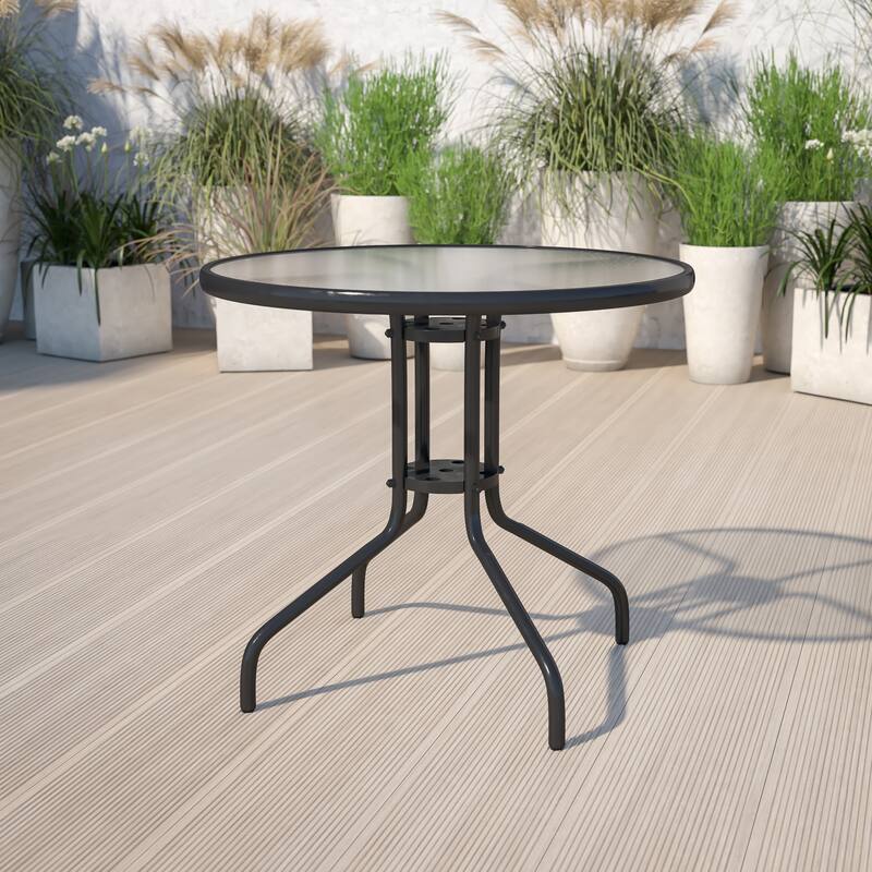 31.5" Round Tempered Glass Metal Table with Smooth Ripple Design Top - Clear/Black