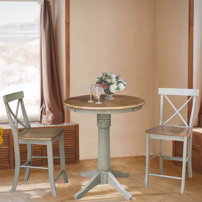 30" Round Pedestal Gathering Height Table With 2 X-Back Counter Height Stools - Set of 3 Pieces