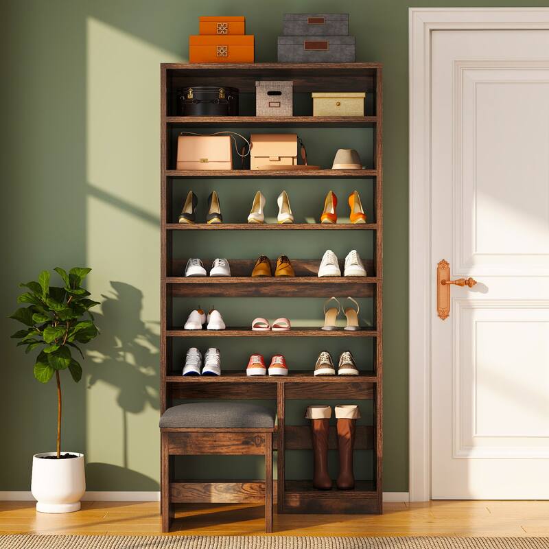 Moasis 8 Tiers Free Standing Shoe Cabinet with Hidden Bench, 70.9'' Tall Shoe Racks with Open Storage & High Boots Cubby