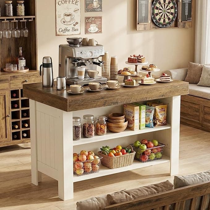 55" Two-Tone Farmhouse Kitchen Island with Storage Shelves