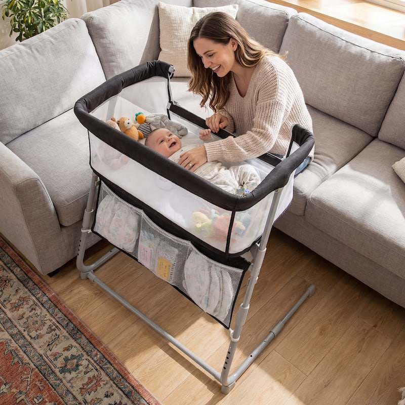 Gymax Bedside Crib w/ Mattress 5-Level Adjustable Height Protective