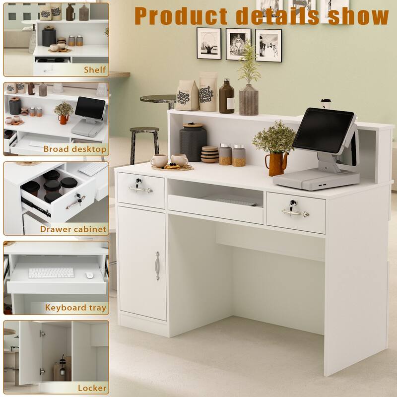 Timechee Reception Desk Executive Desk with Decor Light, White