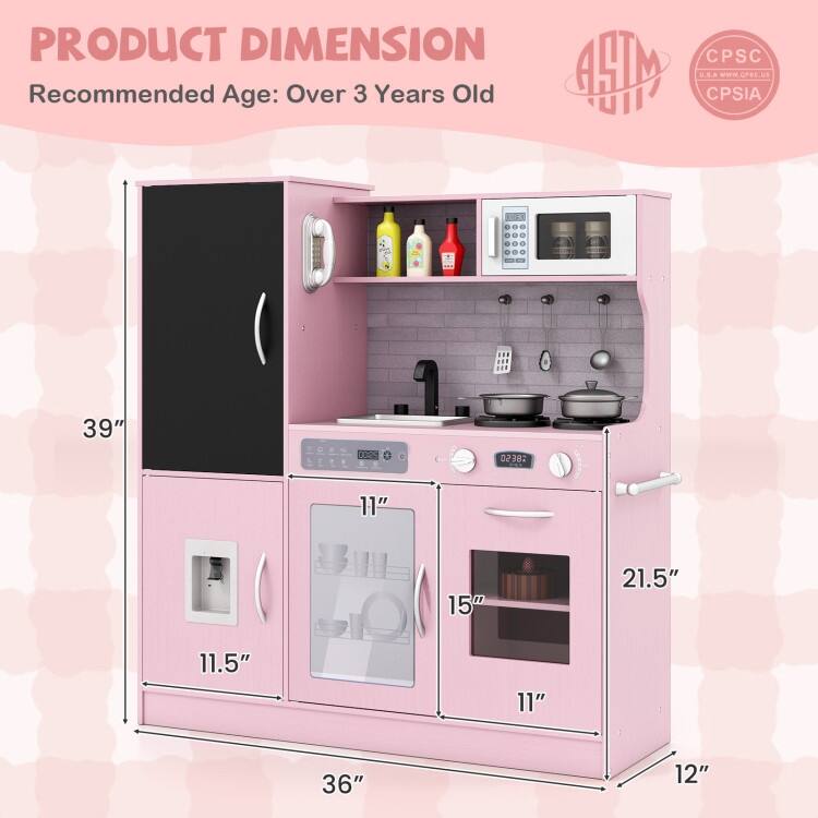 Pretend Play Kitchen with Utensils for Kids Aged 3+ - 36" x 12" x 39"