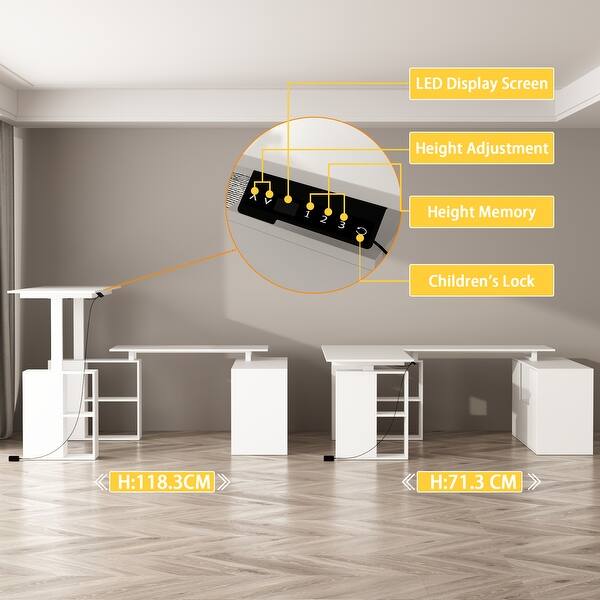dimension image slide 1 of 3, Electric Height-Adjustable Office Desk with Glass Cabinets & Storage