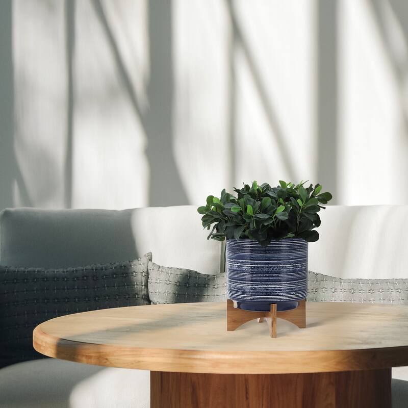 Sagebrook Home Striped Ceramic Planter with Wooden Stand Indoor/Outdoor