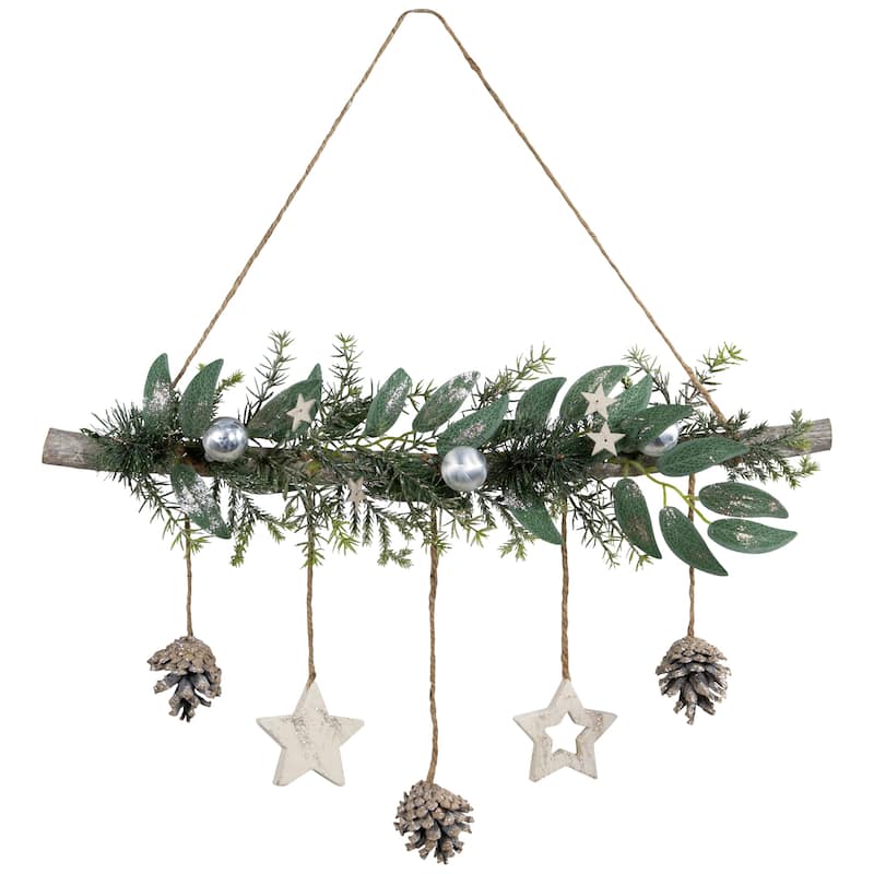 Glittered Holly Branch with Stars and Pinecones Christmas Wall Decoration - 20.75" - Silver