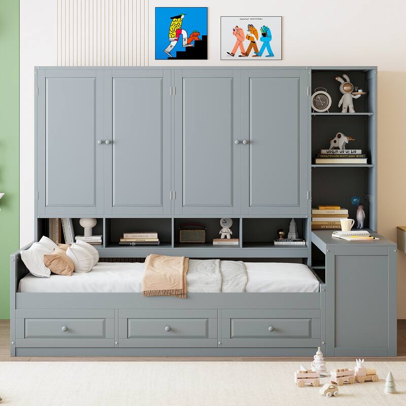 Modern Twin Daybed with All-in-One Cabinet, Desk Wooden Daybed Sofa Bed Frame with 3 Drawers, Multi-Functional Headboard