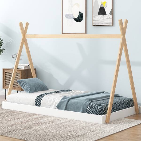 slide 2 of 10, Twin Size Tent Floor Bed with X-Shaped Railings, Triangle Structure, Solid Wood Frame, and Hanging Board, White+Natural Natural