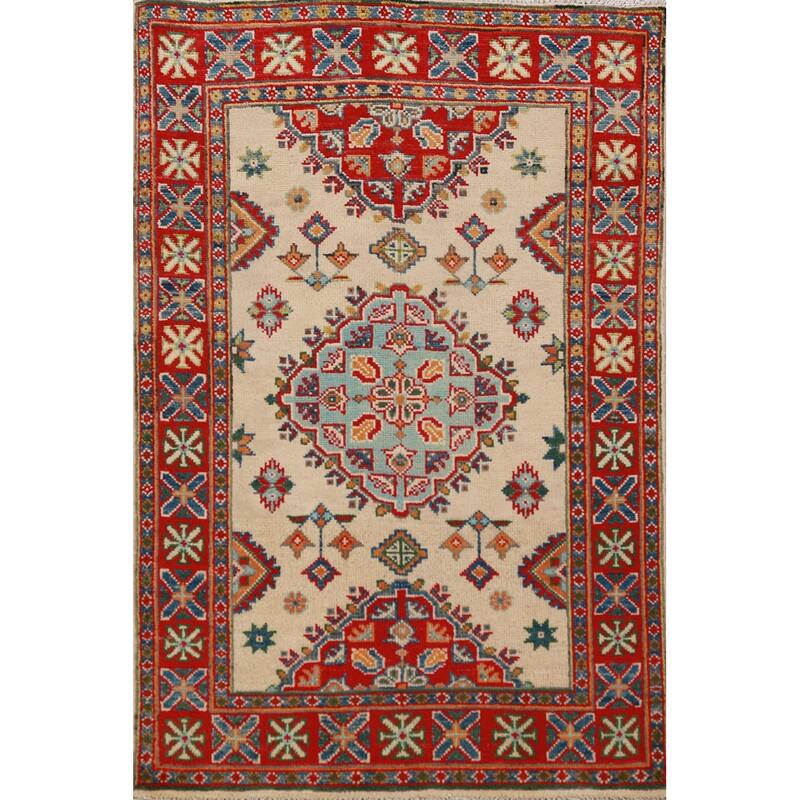 Ivory Kazak Foyer Rug Hand-Knotted Wool Carpet - 2'8"x 4'1"