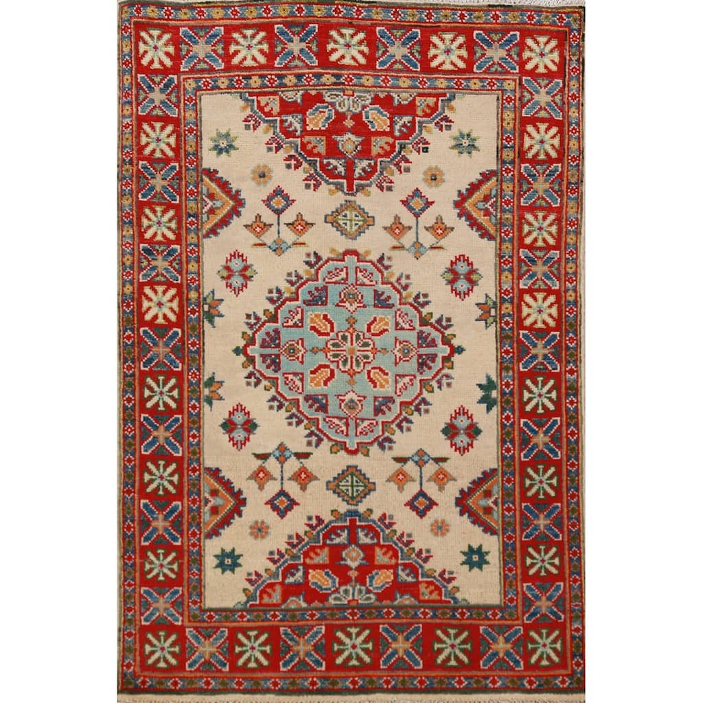 Ivory Kazak Foyer Rug Hand-Knotted Wool Carpet - 2'8"x 4'1"