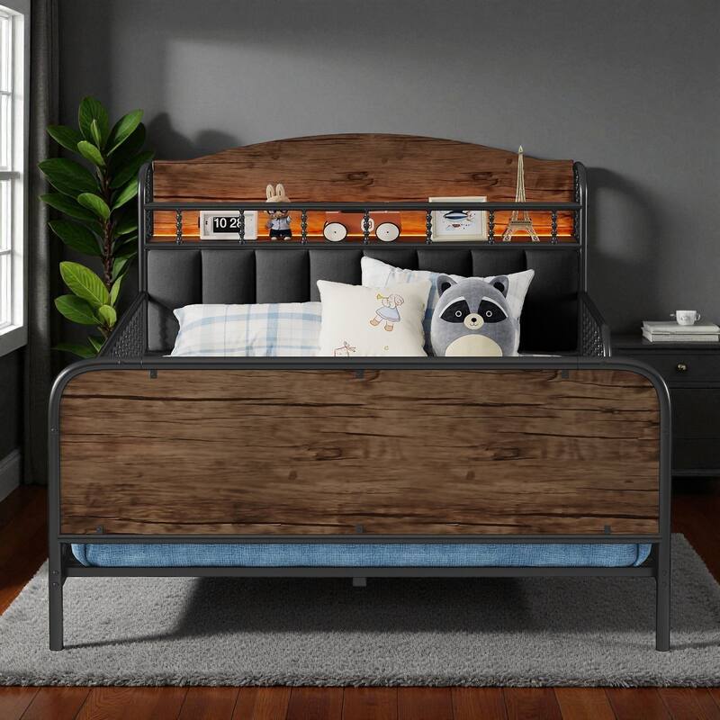 Twin/Full Size Metal Platform Bed with LED Lights and Upholstered Headboard, Kids Bed Frame with Storage Shelf