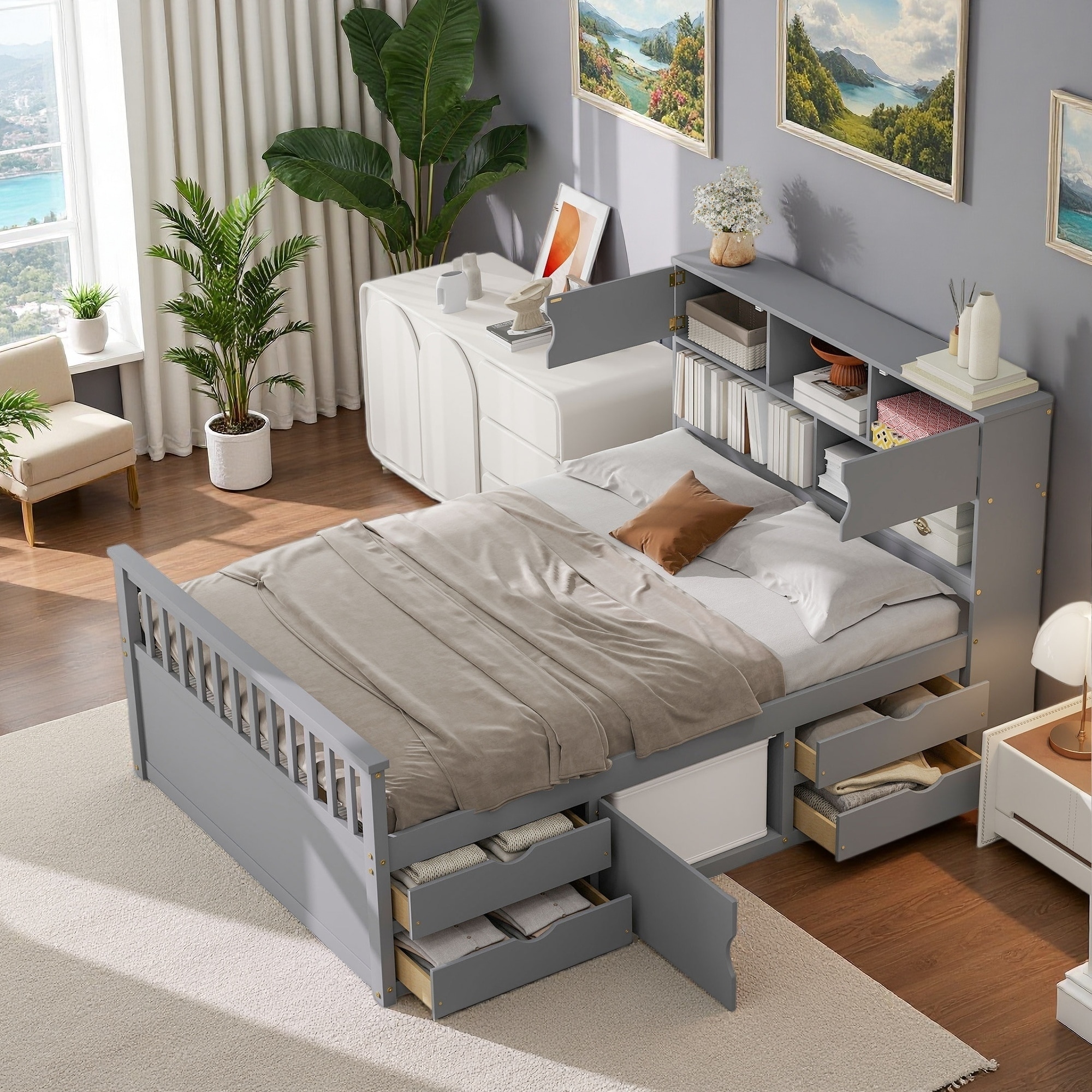 Solid Wood Captain Platform Bed Frame with Storage Bookcases, Shelves, and 4 Drawers