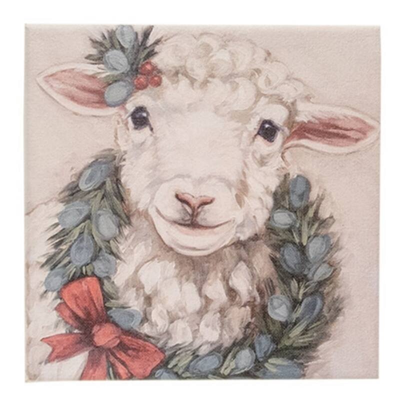 Winter Wreath Sheep Canvas Wall Art for Holiday Decor, 8x8 Inch Wooden Frame Decoration - 8" H x 8" W x .75" D