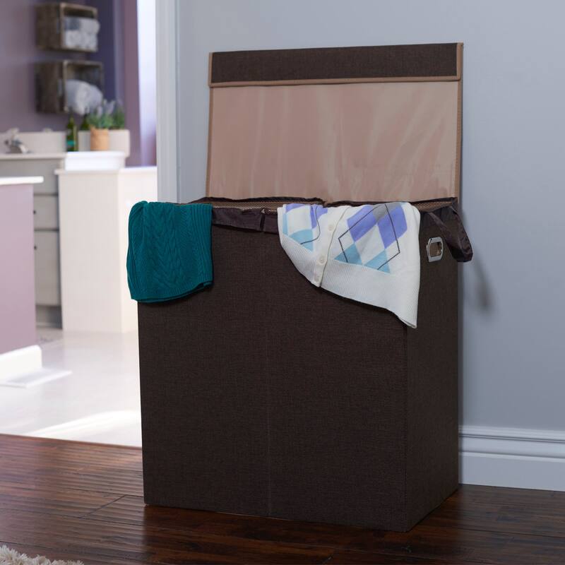 Household Essentials Double Hamper Laundry Sorter with Magnetic Lid, Brown Coffee Linen - 14.0"L x 24.0"W x 26.0"H