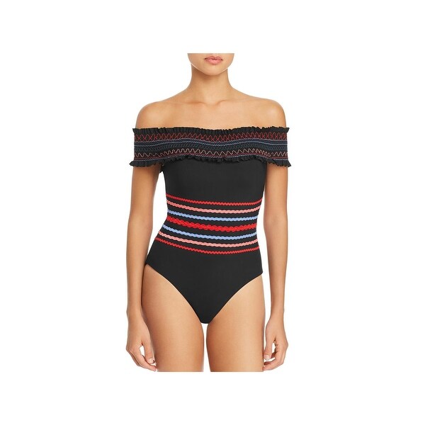 red carter smocked off the shoulder swimsuit