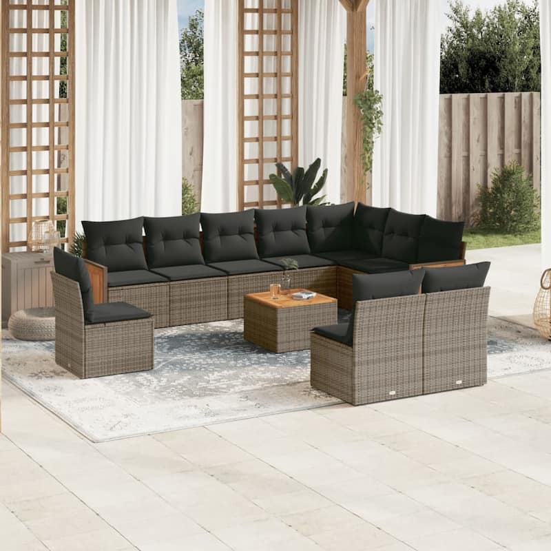 vidaXL Patio Sofa Set with Cushions Outdoor Conversation Furniture Poly Rattan - Grey-With table - 21.7 x 21.7 x 14.6