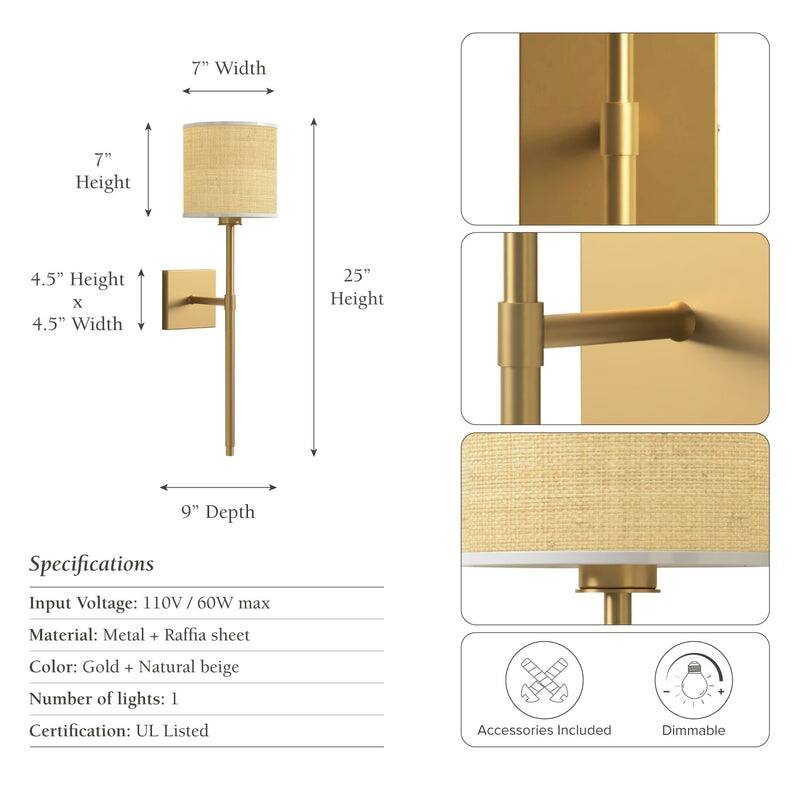 Luma Arm Sconce - Metal, Raffia & Natural Beige, Gold 1-Light Wall Sconce for Bedroom or Bathroom in Modern, Mid-Century Style