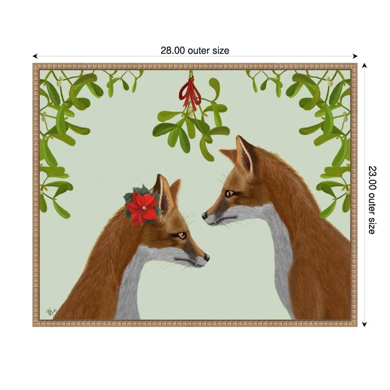 Foxes and Mistletoe by Fab Funky (28 x 23 in.), Framed Canvas Wall Art Print - Sylvie Beaded Rustic Natural