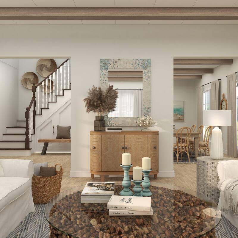 Cream Mother of Pearl Shell Handmade Mosaic Room Wall Mirror with Blue Corners