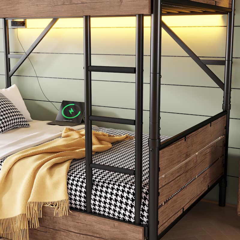 Metal Bunk Bed with USB Charging Station, LED Bunk Bed with 2 Storage Drawers, Safety Guardrail & Ladders